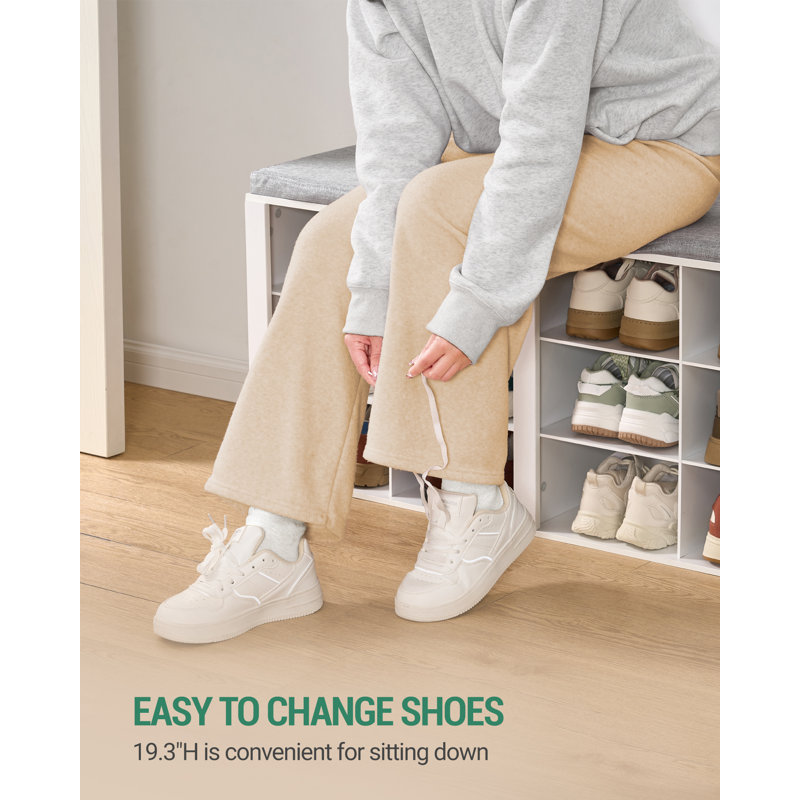 Shoe Storage with Seat and Coat Hooks, Shoe Bench with 12 Open Compartments and Wall Rack, Coat Rack with 9 Hooks, Adjustable Shelves for Hallway, Living Room, Bedroom, White 
