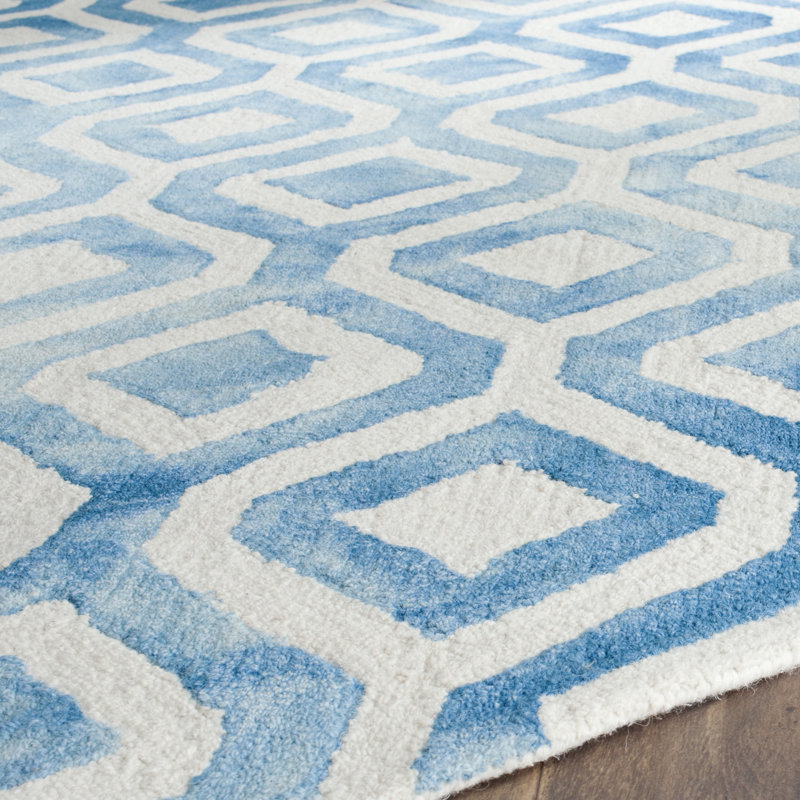 Bryauna Hand Tufted Wool/Cotton Geometric Rug in Ivory/Blue, Round 7'