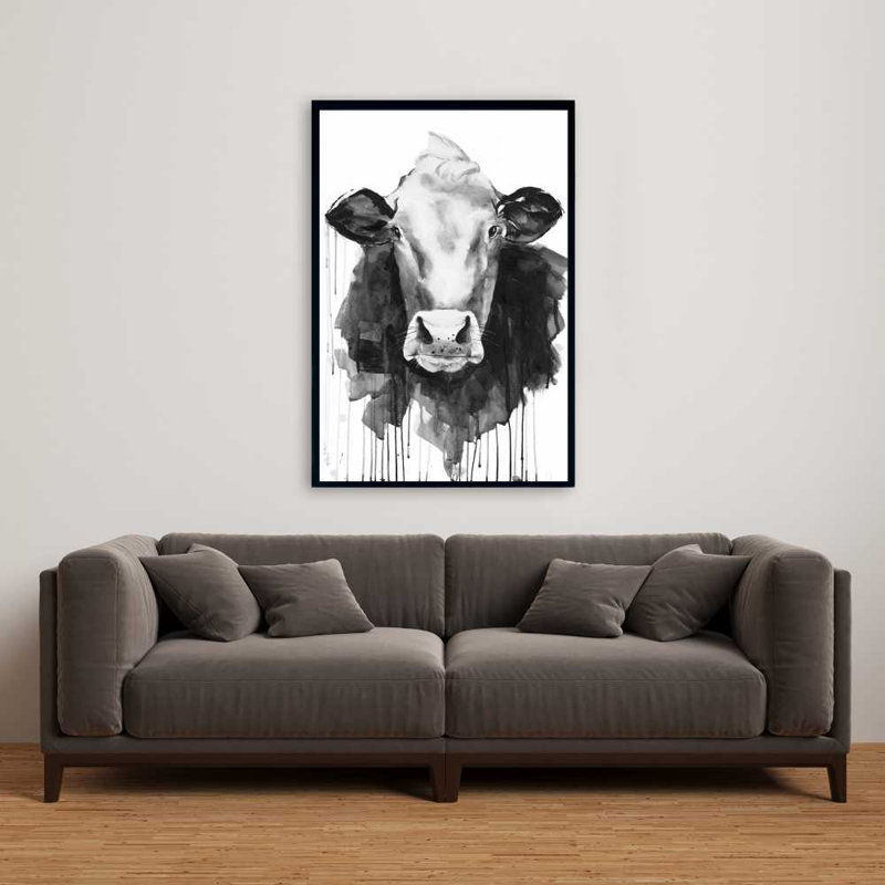 Vache - Toile encadrée avec des animaux de ferme | Décoration intérieure, H 37,25 po x l 25,25 po, Gris / Noir