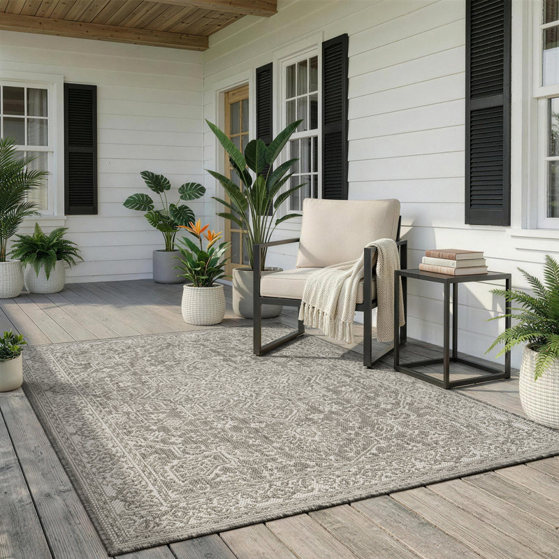 Oriental Medallion UV Resistant Woven Indoor / Outdoor Area Rug Gray, Rectangle 8' x 10', Ivory