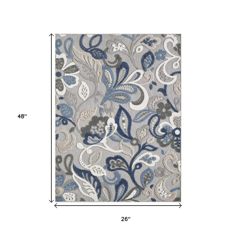 Blue Gray Jacobean Floral Indoor Outdoor Area Rug, Rectangle 2' x 4'