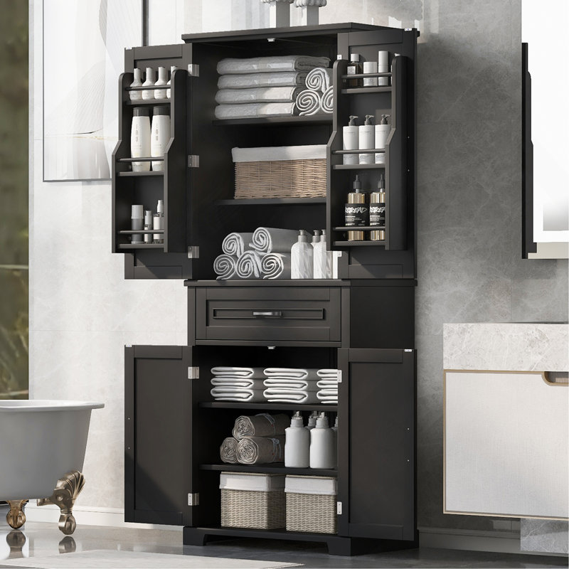 Armoire de rangement de salle de bain avec portes et tiroir, plusieurs espaces de rangement, tablette réglable, Noir