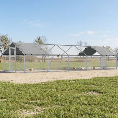 32×10 Ft Extra Large Walk-in Chicken Coop, Spire Roof Chicken Run With Cover, Front & Rear Doors, Feeding Door, Roosting Ladder, Galvanized Steel Frame