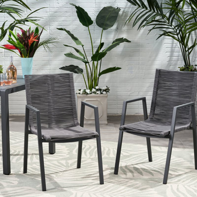 Chaises d'extérieur modernes avec assise en corde tissée, aluminium, gris foncé, de 2, chaise de salle à manger durable 2, gris et aluminium