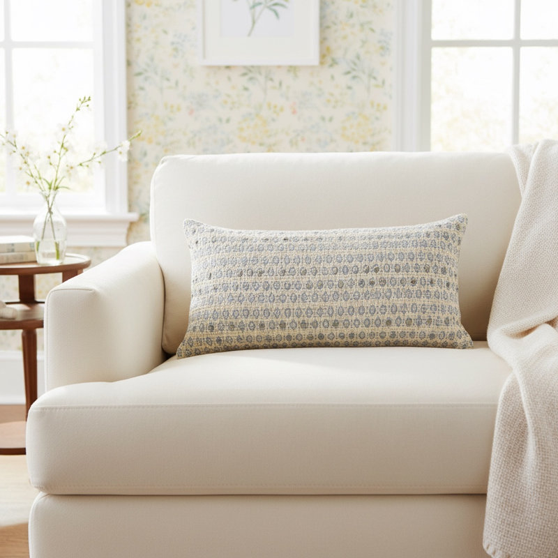 Coussin 100% coton, Bleu/ivoire, Duvet synthétique