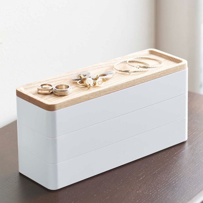 White and Natural Wood Stacking Jewelry Box Organizer