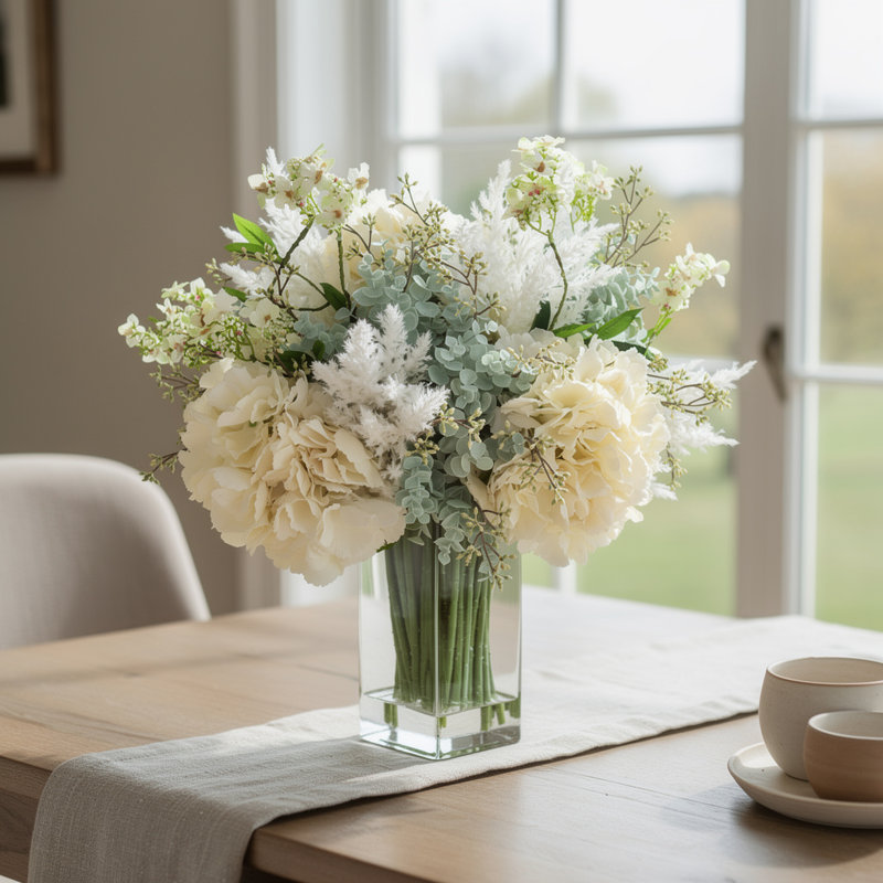 Hydrangea With Eucalyptus And Grass Arrangement
