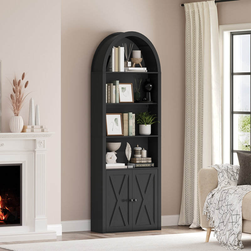 6-Tier 70.87" Tall Bookshelf Farmhouse Arched Bookcase With Cabinet, Black
