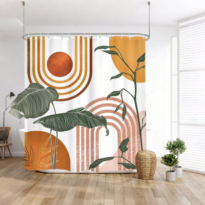 Boho Mid Century Shower Curtain Abstract Retro Tropical Palm Leaf Plant Sun Arch Minimalist Bathroom Geometric 72Wx72L Inches Bath Accessories Art Home Decor Fabric 12 Pack Hooks