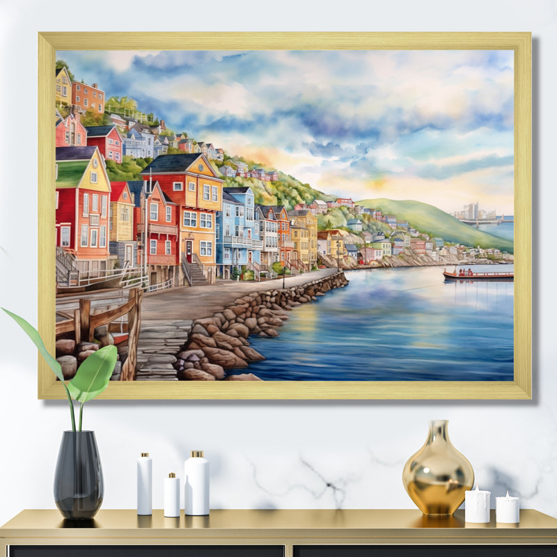 Terre-Neuve côtière rétro I sur toile, Encadrement doré, H 16 po x l 32 po x P 1 po