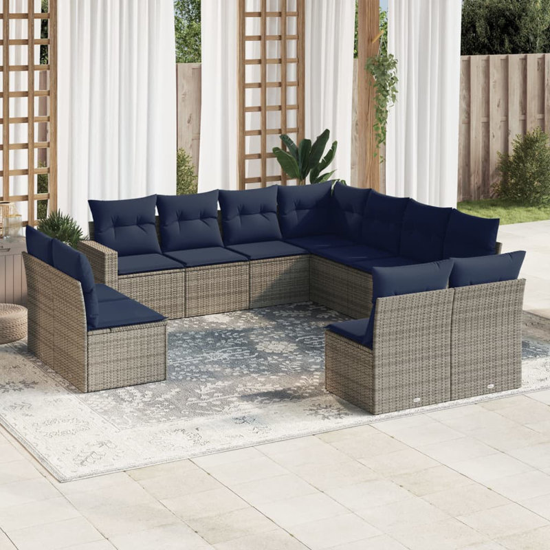 Ensemble de canapé de patio 12 pièces avec coussins en rotin de polyester gris, Coussin bleu marine / structure grise