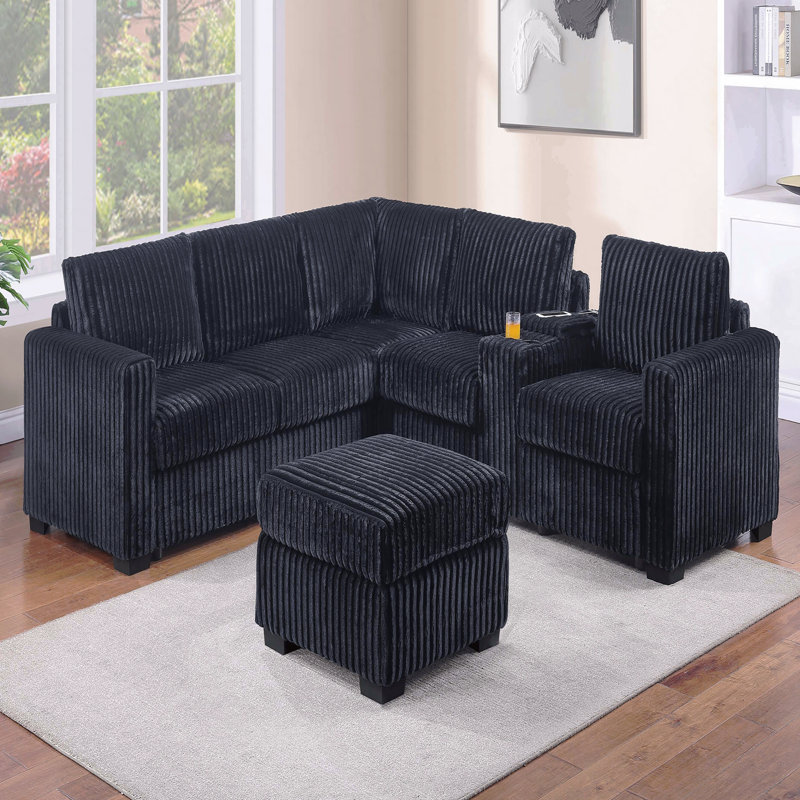 Ensemble de canapé modulaire en forme de L 4 pièces de style contemporain avec porte-gobelet à dossier en forme de C et pieds en plastique avec repose-pieds et accoudoirs carrés, finition noire, salon principal