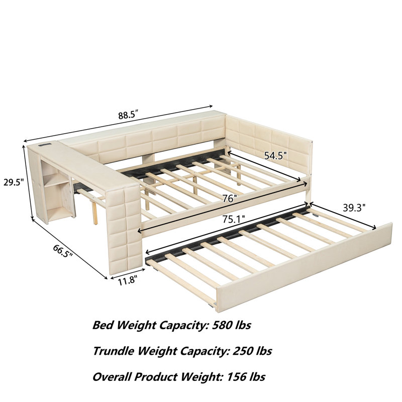 Full Upholstered Daybed With Trundle, Charging Station And Storage, Beige