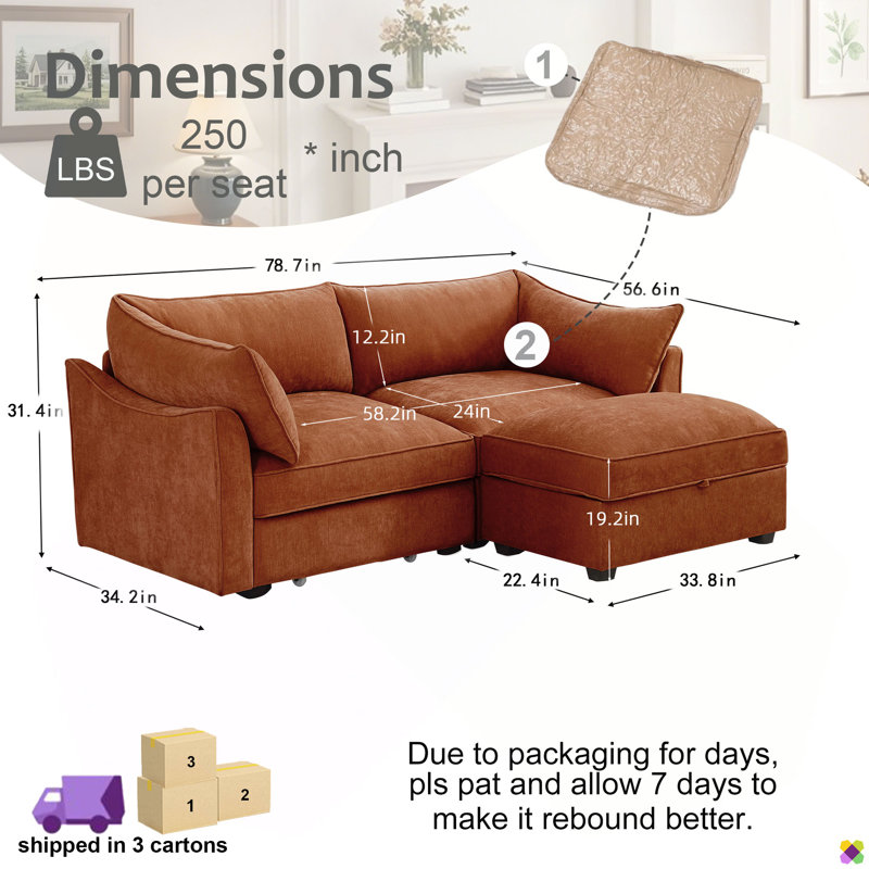 Canapé modulaire en chenille l 78,7 po Eleen, siège sous le panier de rangement, repose-pieds de rangement, Chenille orange