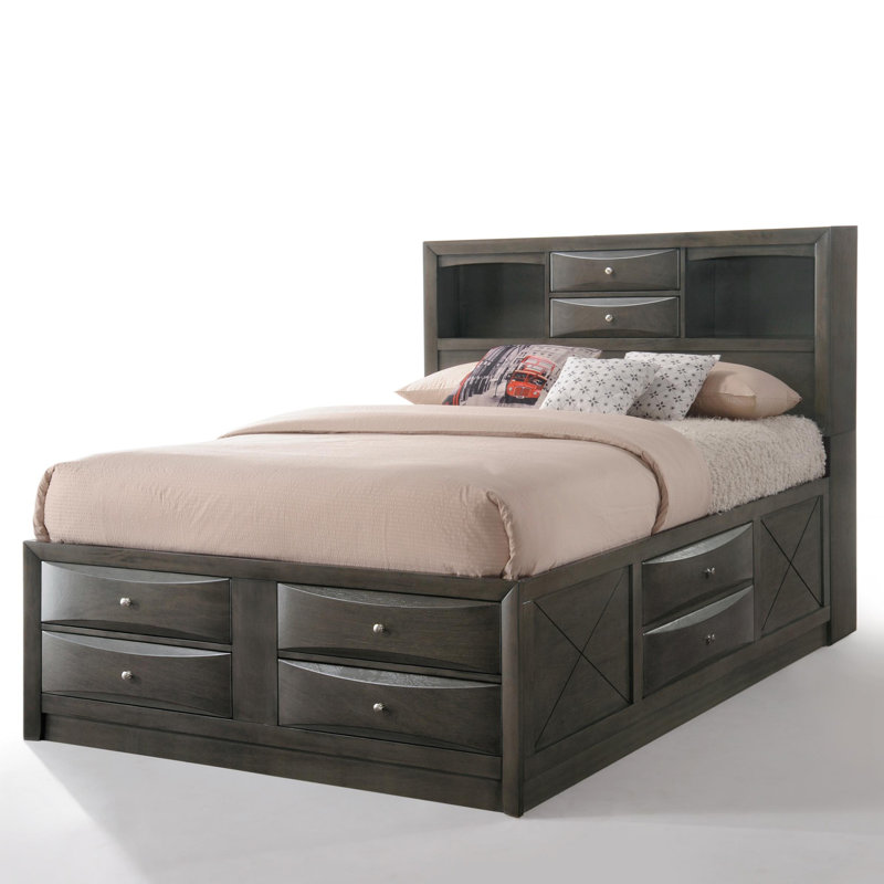 Gray Oak Full Double Captain's Bed with Bookcase and Storage
