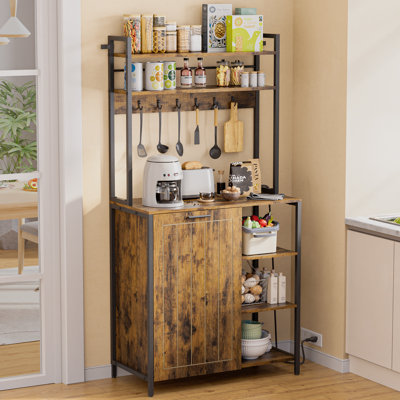 Kitchen Bakers Rack with Power Outlets, Microwave Oven Organizer with Tilt Out Trash Can Cabinet Storage Shelf 6 Tiers