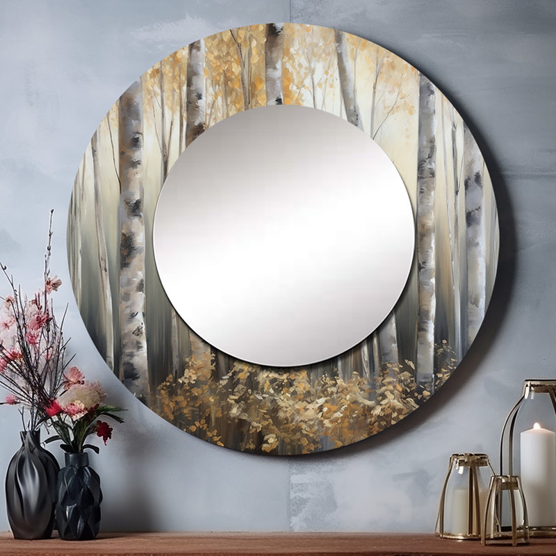 Persefonia Birch Tree Forest Wonderland III - miroir mural unique en forme d'arbre, miroir rond gris, impression d'art en métal