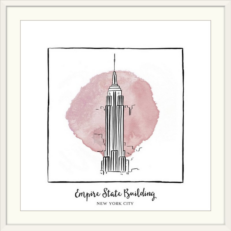 « empire state building-brushstroke édifices », impression, H 32 po x l 32 po x P 1 po, Cadre blanc