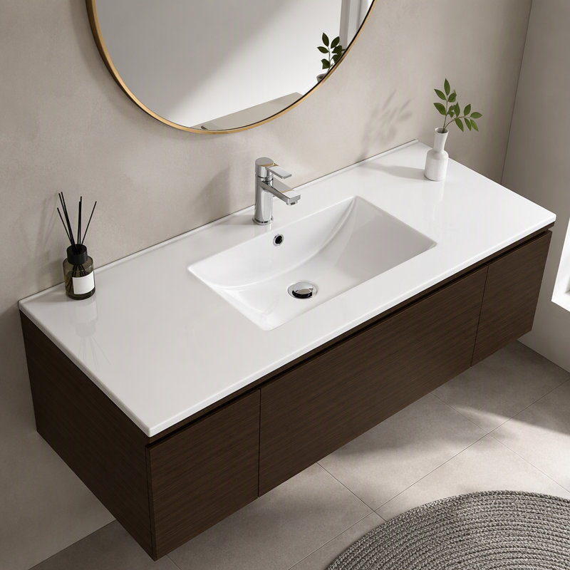 48 Inch Wall Mounted Bathroom Vanity Cabinet, Floating MDF Vanity with 3 Drawers and Open Bottom Shelf, White Painted Bathroom Vanity with Handleless Design, Composite Sink Top