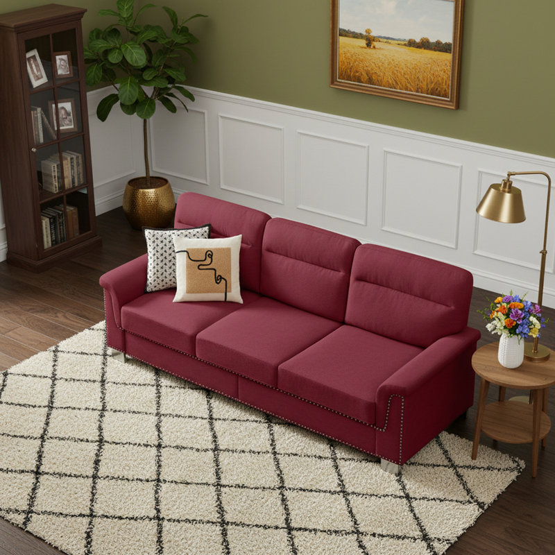 Canapé 3 places avec têtes de clou et coussin, Rouge Bourgogne