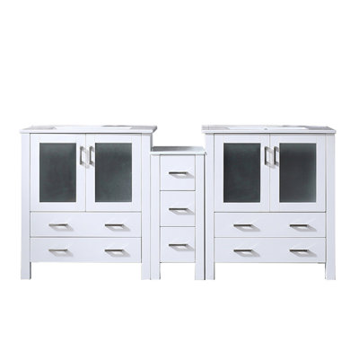 White Double Bath Vanity With 72 In. Width And 18.25 Depth, Side Cabinet, Ceramic Top, Solid Wood Frame, Soft - Close System, Two Cabinets Seven Drawers For Plenty Of Storage, Scratch Countertop, Pre