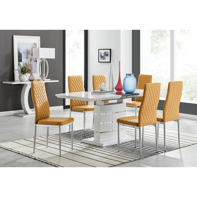 Renne Modern High Gloss Extendable Dining Table Set With 6 Quilted Faux Leather Dining Chairs, Mustard/Silver