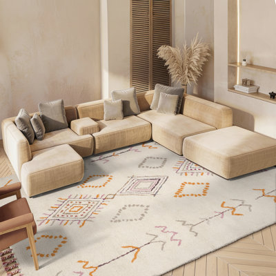 Tapis orange / gris / ivoire touffeté à la main en laine Powell
