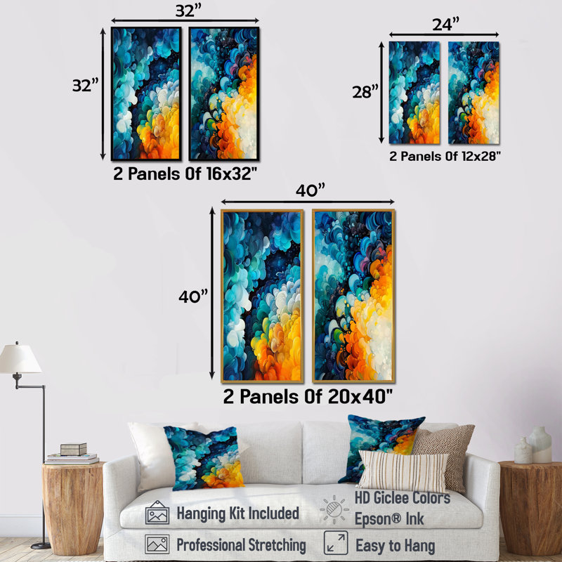 «Colorful Lyrical Abstraction Dream Fragments I», art mural abstrait 2 pièces, H 28 po x l 25 po, Cadre flottant noir