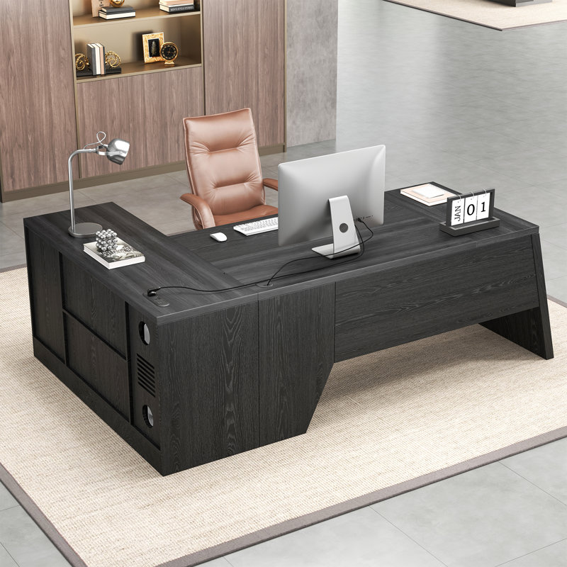 78-Inch L-Shaped Executive Desk Large Office Desk With Power Outlet, Storage Drawer, Lateral File Cabinet, Open Shelf And PC Stand For Home Office Study, Brown Black
