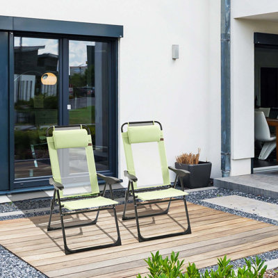 Chaises de camping pliantes pour l'extérieur avec dossier réglable et appui-tête amovible pour le jardin, la cour et la pelouse (ensemble de 2)