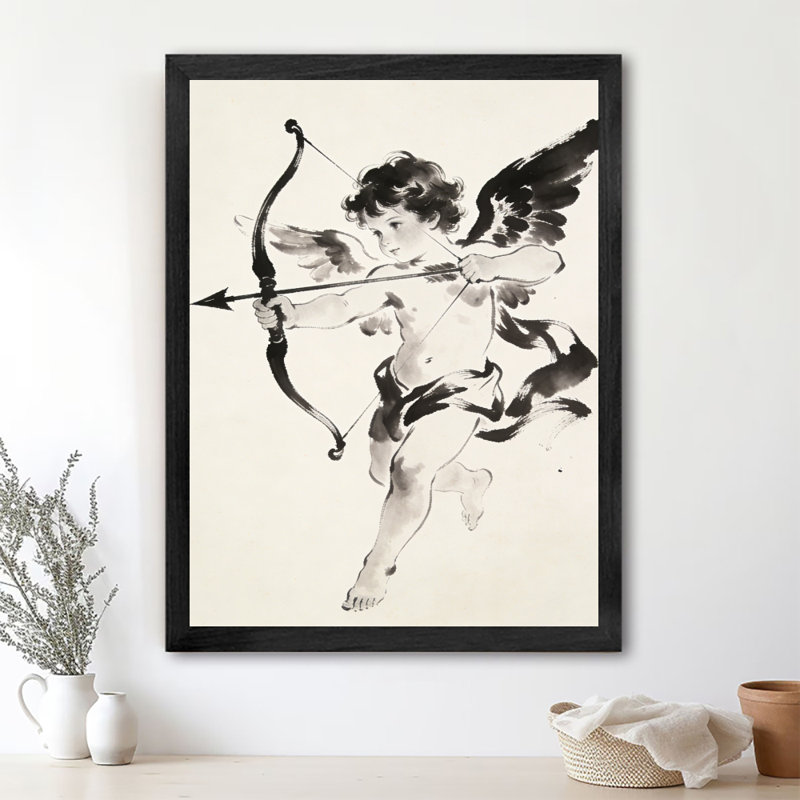 Reproduction d'art encadrée noire "Cupidon tenant un arc et une flèche", impression sur le thème de la Saint-Valentin