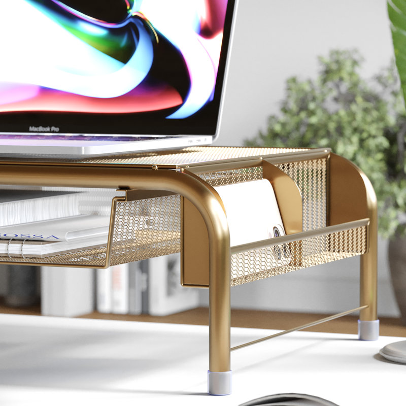 Martha Stewart Thomas Mesh Metal Desktop Monitor Riser Stand With Drawer And Storage