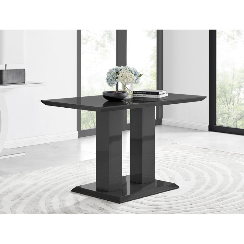 Edzard Double Pedestal High Gloss Dining Table Set with 4 Luxury Faux Leather Dining Chairs, Black, Mustard