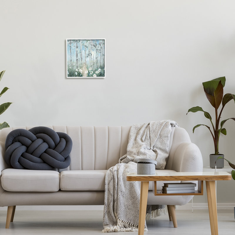 «White Flowers Blooming Forest Birch Trees Scenery», peinture sur bois à cadre flottant, H 12 po x l 12 po x P 1,5 po