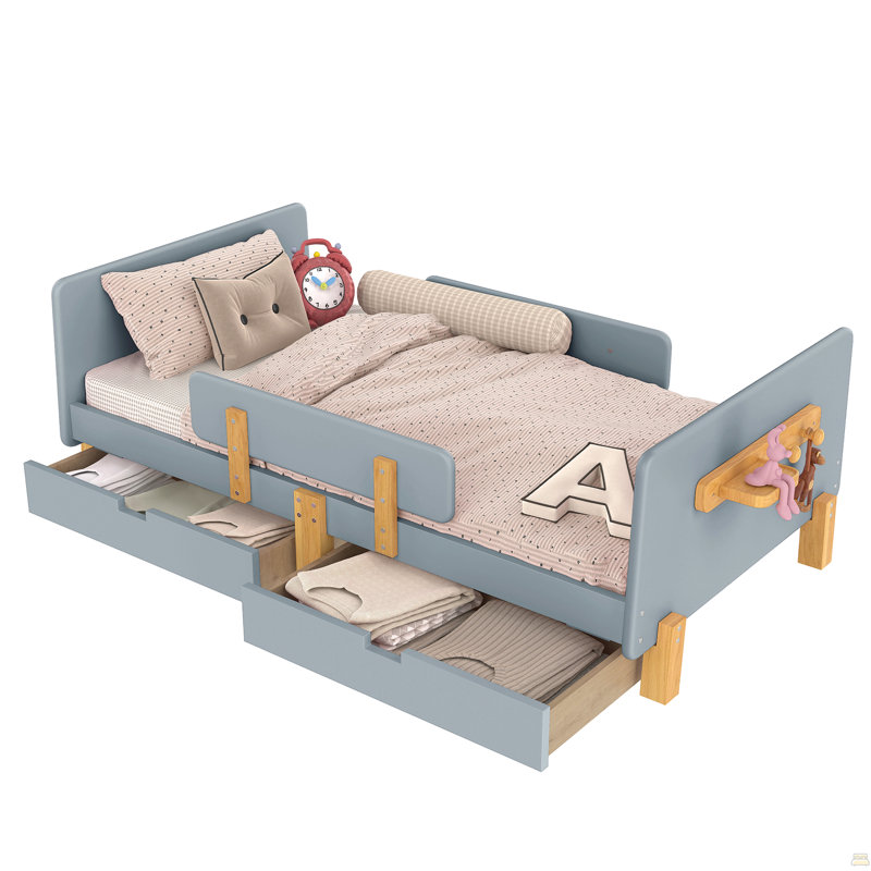 Lit plateforme simple avec tiroirs de rangement, structure de lit en bois massif avec garde-corps, Gris, Lit simple