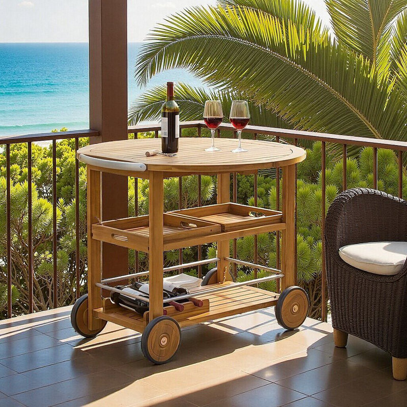 Chariot-bar d'extérieur en bois d'acacia avec plateau pliable et plateaux amovibles pour patio