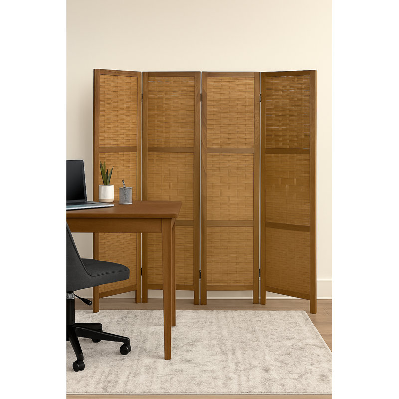 Proman Products Saigon 4 Panel Folding Screen Privacy Room Divider Partition Wall separation, Wooden Frame, Bamboo Interwoven, Walnut