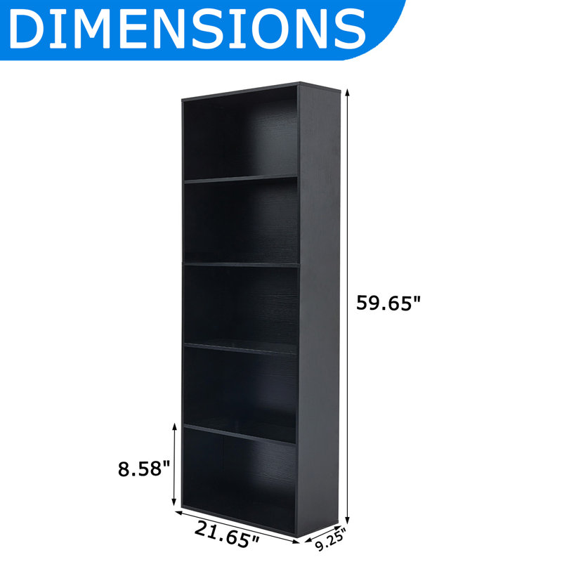 Bibliothèque ouverte 5 niveaux, (5 Shelves) 60"H x 21.65"W x 9.25"D, Noir