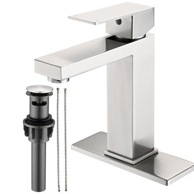 Bathroom Faucet Single Hole Stainless Steel - Deck-Mounted With & Drain Assembly, Brushed Nickel, 1.2 Flow Rate, Lever Handle, Ceramic Disc Valve For Vanity Tap And Sinks