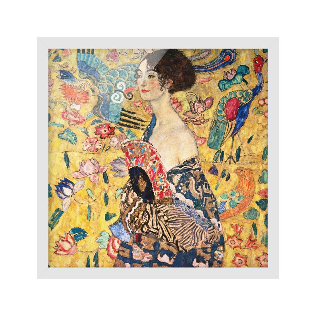 Gerahmtes Poster Dame mit Fächer von Gustav Klimt