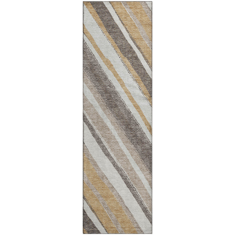 Premium Machine Washable Mayfield AMF2282 Striped Rug, Gold, 2'3" x 7'6" Runner