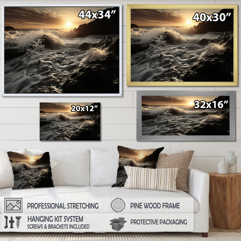" Beach Photo Sunlit Waves VII ", 16" H x 32" W x 1" D, Black Single Picture Framed