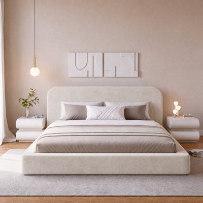 King Bread Upholstered Platform Bed Frame with Curved Chenille Headboard, Fully Cushioned Foam Panels, Sturdy Metal Support, No Box Spring Needed, Beige