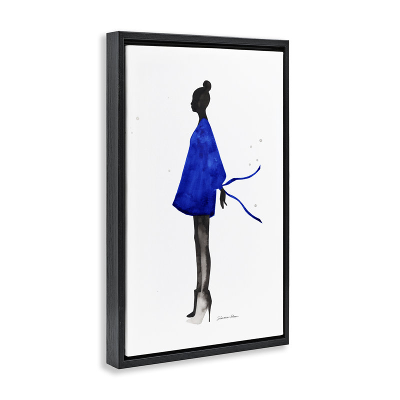 Cadre flottant silhouette fille en robe bleue, design par Simone Elum, H 25 po x l 17 po, Cadre flottant noir de jais