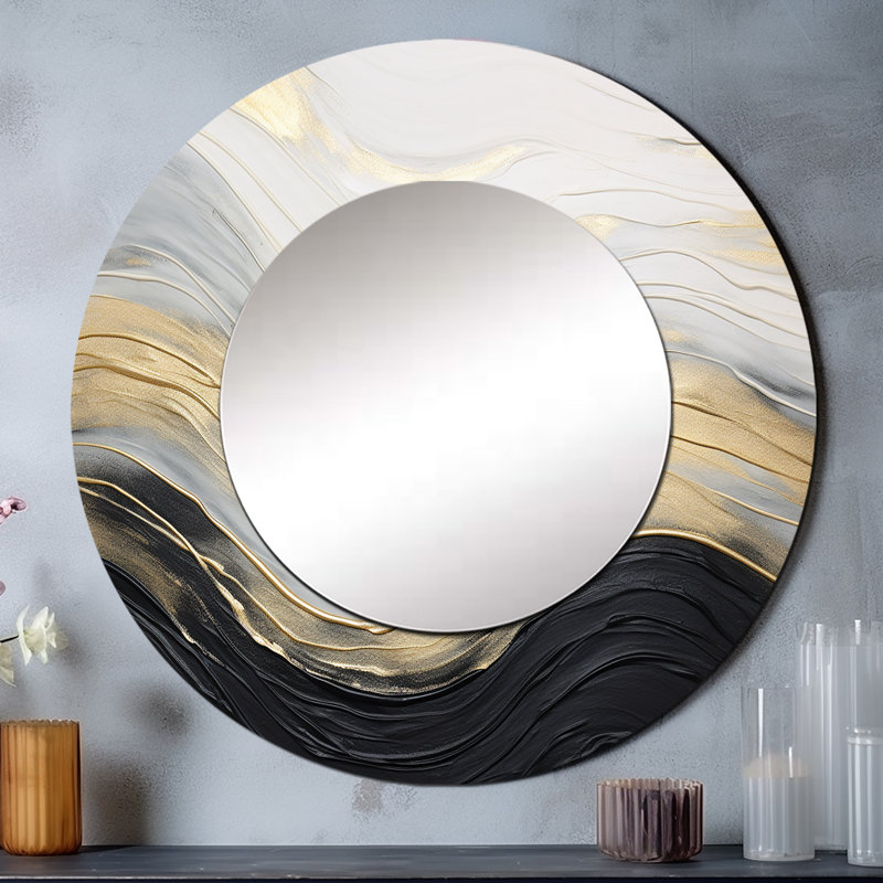 Or et noir Soft Wave Fusion II - grand miroir mural de formes abstraites, miroir rond moderne unique, impression d'art en métal
