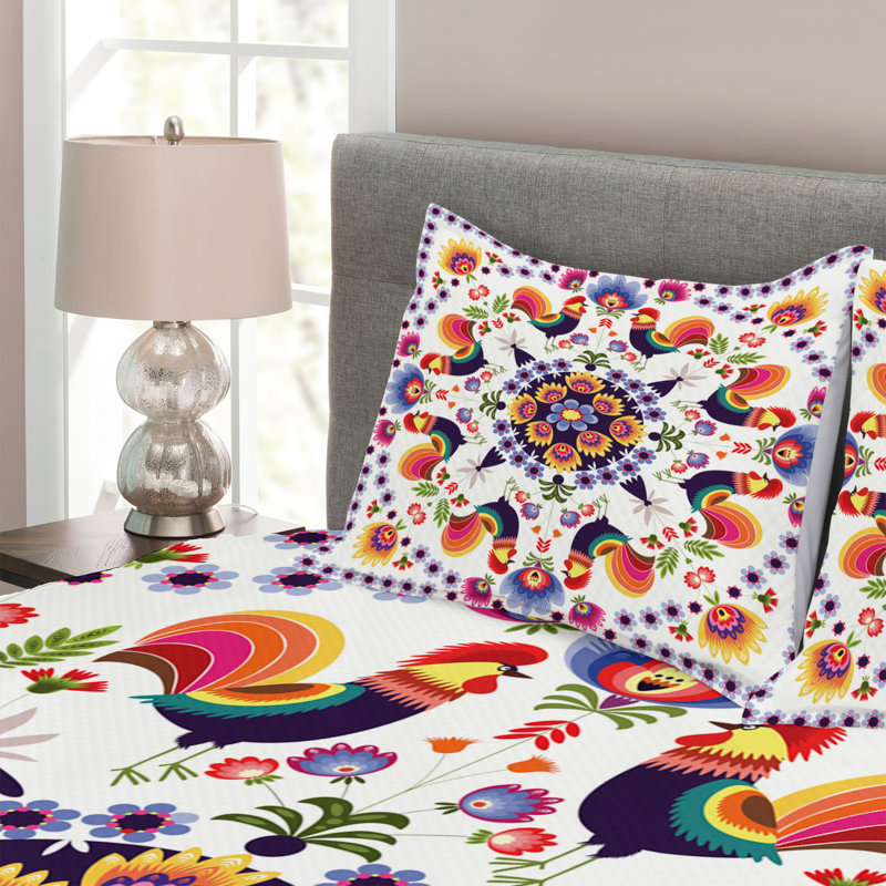 Acelyn White/Orange Microfibre Bedspread Set, 220 x 264 cm