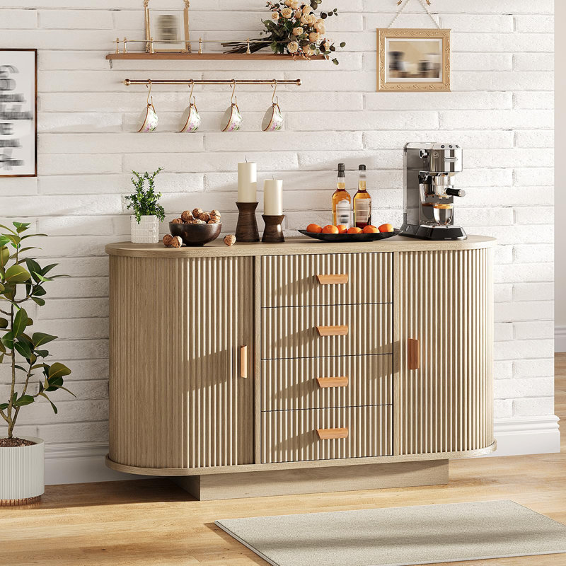 47in Sideboard Buffet Cabinet, Kitchen Fluted Coffee Bar Storage Console Cabinet with Arched Sliding Doors 4 Drawers for Living Dining Room Hallway Entryway