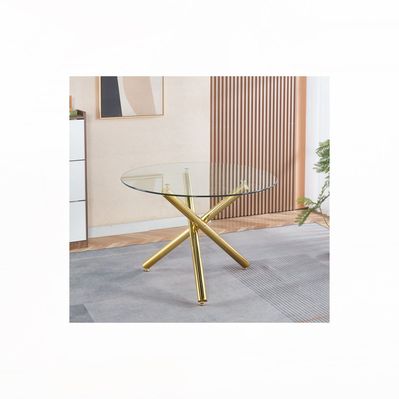Table de salle à manger ronde avec pieds en métal et verre trempé, table de cuisine moderne pour le salon, Doré