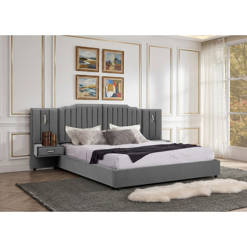 Structure de lit en velours avec tête de lit et tiroir, lit plateforme moderne avec lampes de lecture, gris, très grand, Gris