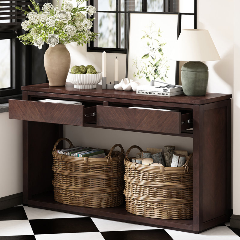 Rustic Wooden Console Table with Storage Drawers and Open Shelf, Espresso
